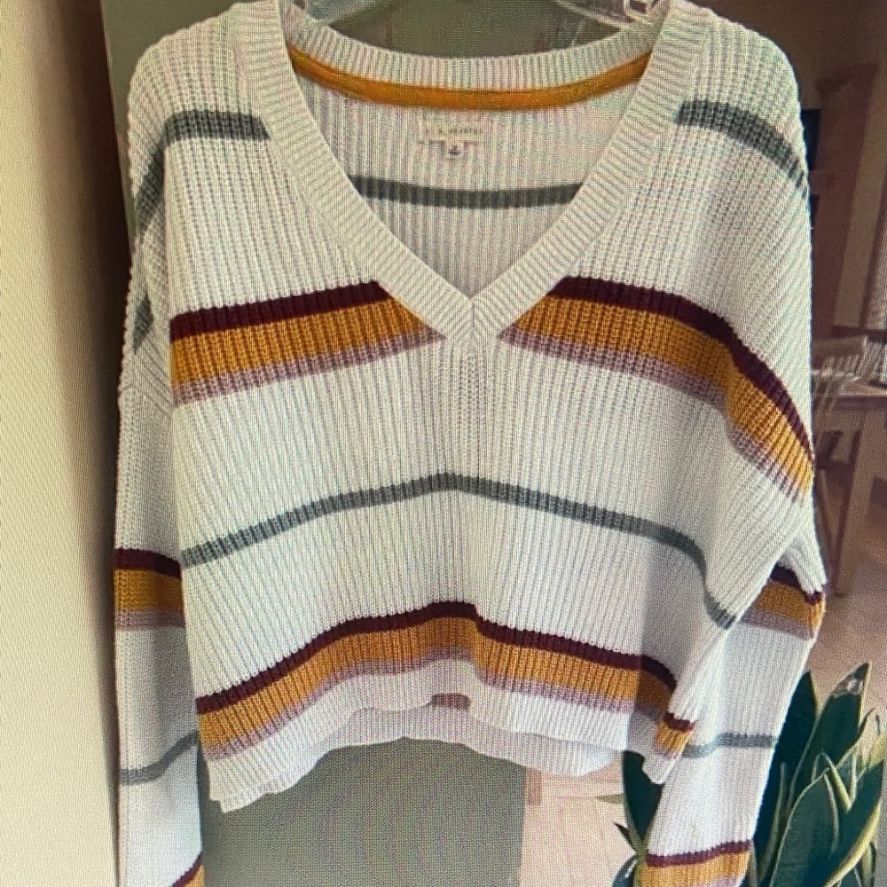 La Hearts White V-Neck Sweater with Stripes